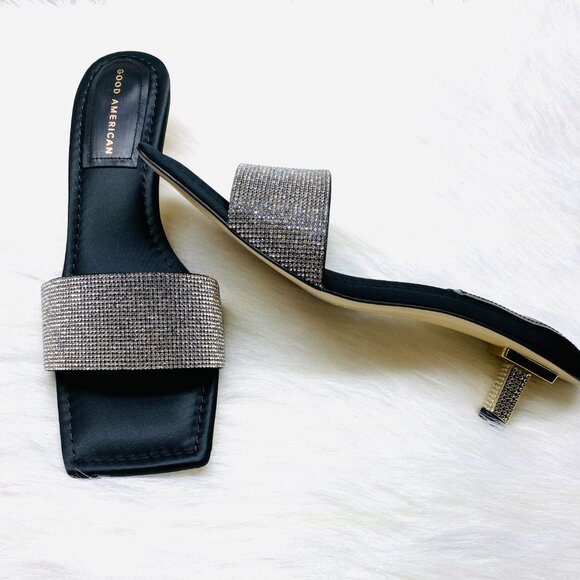 Good American Kickstand Slide Sandal Mules Black Diamond Kitty Heels Elegant - Picture 3 of 7